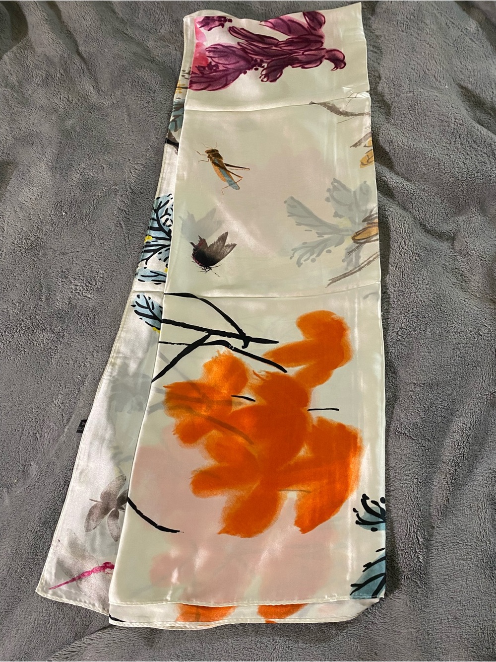Floral Silk Scarf with Vibrant Orange Bloom size 180X90cm